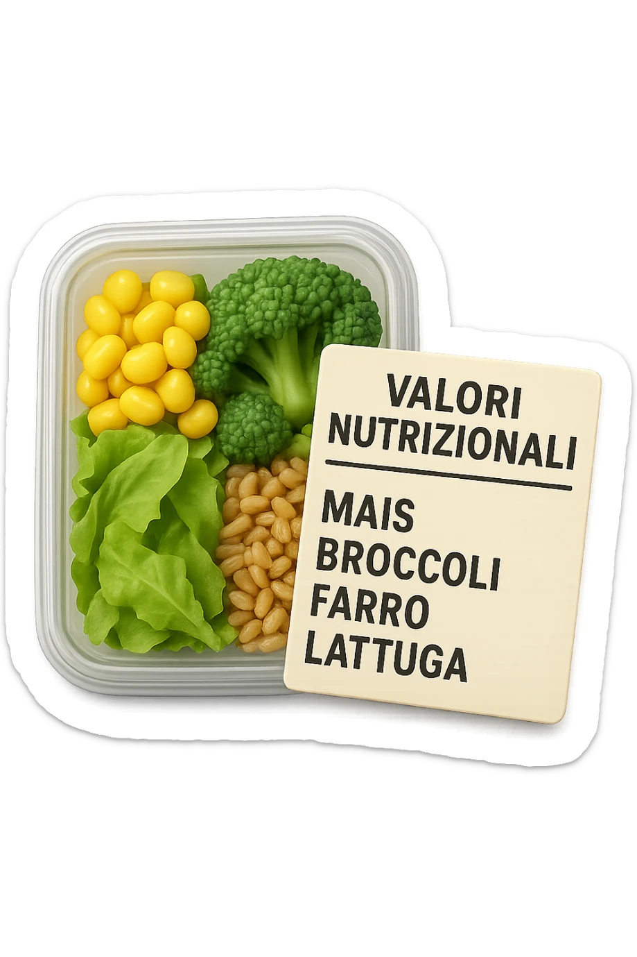 SU QUESTO STILE FAI UN EMOJI STILE IPHONE 3D DI UN INSALATA PRECONFEZIONATA DA SUPERMERCATO CON FOCUS SU ETICHETTA NUTRIZIONALE CON GLI INGREDIENTI IN ITALIANO TIPO: MAIS, BROCCOLI, FARRO, ACCANTO ALL'INSALATA CHE HA IN MANO C'è UN FOCUS SULL'ETICHETTA CON GLI INGREDIENTI SCRITTI, FALLO MOLTO REALISTICO IN 3D sticker