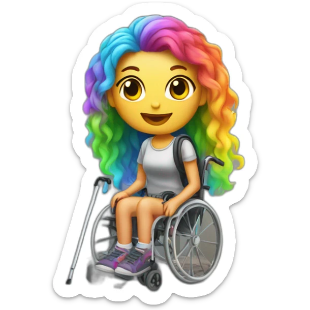 Disabled woman with crutches and rainbow hair in an abandoned building sticker