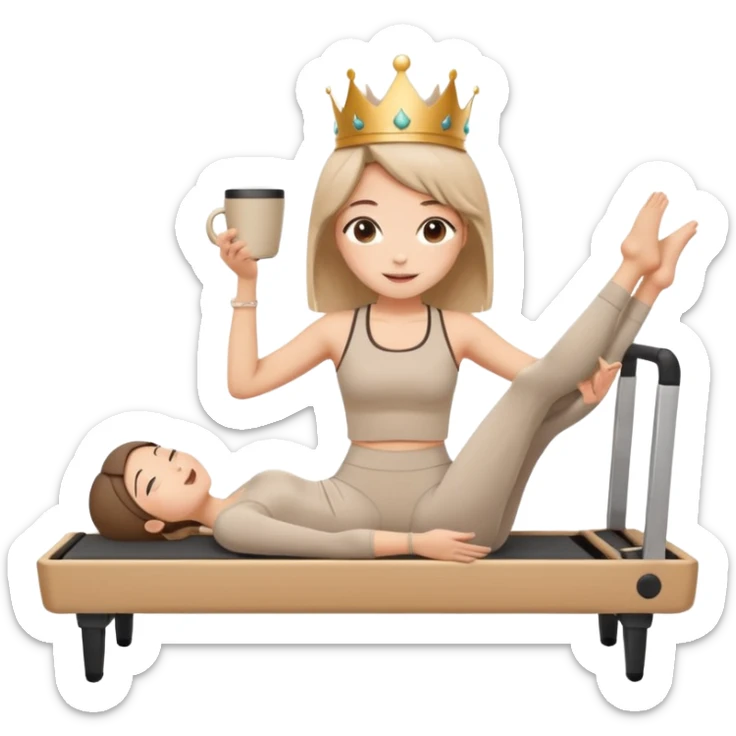 Cute sticker of a girl doing a Pilates stretch on a reformer while holding a cup of coffee in one hand. Wearing beige activewear and a small crown. Kawaii style, happy expression, vector, white outline, transparent background. sticker