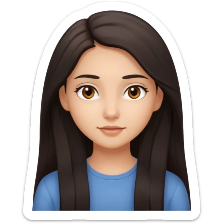 Create an Apple-style emoji of a young woman with long dark hair, brown eyes, natural look, smooth skin, soft shading, simple outfit, cute and friendly expression. sticker