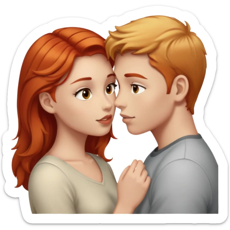Red head girl with light skin and light brown eyes kissing a blonde boy with fair skin and brown eyes sticker