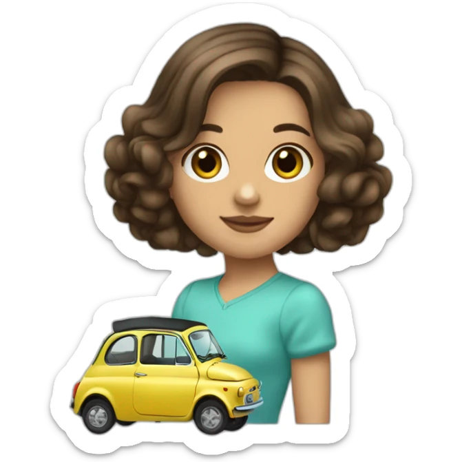 Girl-medium-hair-brunette-and-car-fiat-500-turquesa sticker