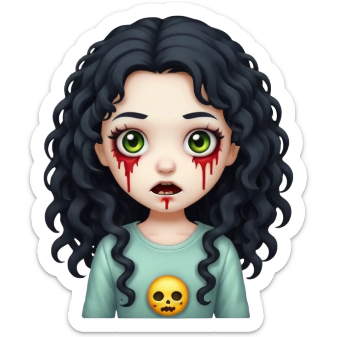chibi zombie girl with long black curly hair and a white streak, creepy expression, makeup, iPhone emoji style sticker
