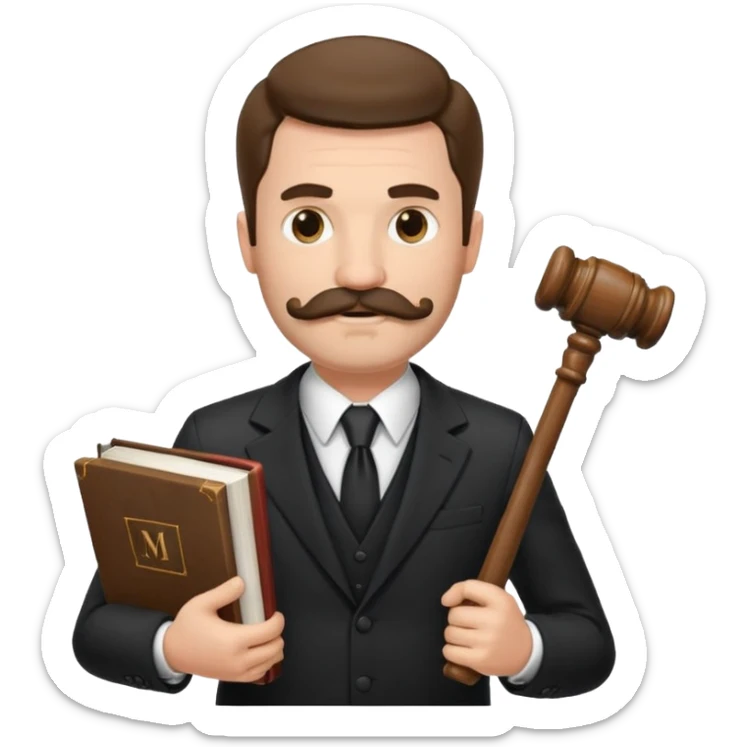 Create a male lawyer. he is wearing a fromal suit jckeret. He is holding a gavel in one hand and a book tucked under his another arm. He has a mustache and BEARD both! sticker