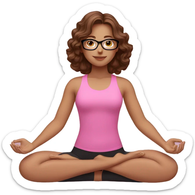White girl dressed in pink with wavy brown hair, brown eyes and black glasses doing yoga sticker