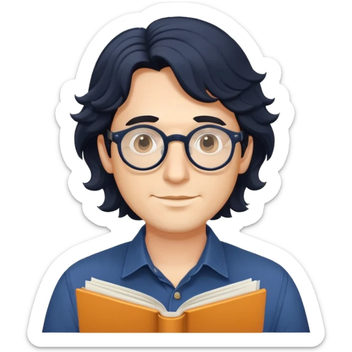 Man with longer wavy black hair, round glasses, dark blue buttoned shirt, holding program booklet for a play sticker