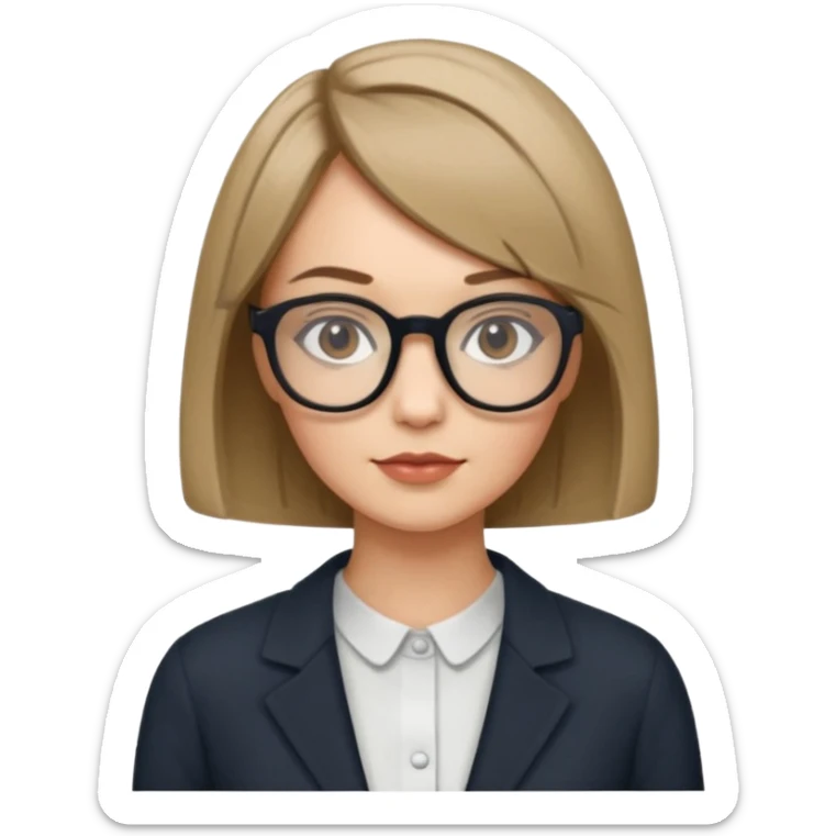 woman dark blonde petite bob haircut wears dark squarish glasses, classic clothes sticker