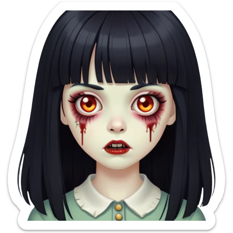 vintage zombie girl, long black straight hair with bangs sticker