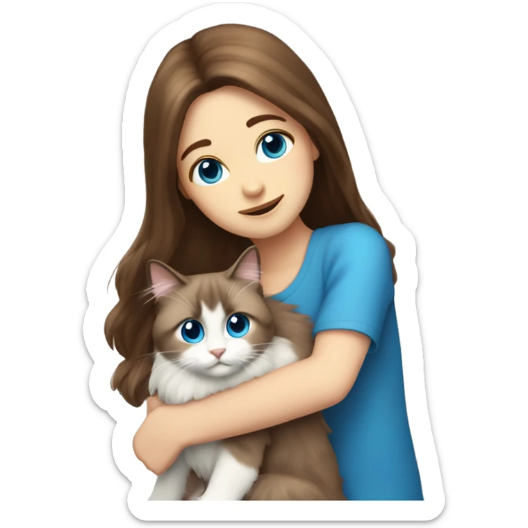 girl with brown hair and hug ragdoll cat with blue eye sticker