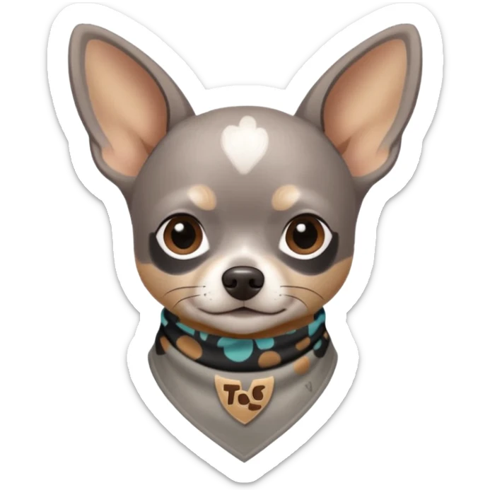 Make a Gray Chihuahua wearing a earthy tone bandana around the neck with the logo TCO on the bandana sticker
