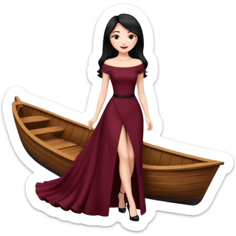 Chica blanca ,ojos marrones, vestido granate muy largo sexy escote barco,  cuerpo entero pelo negro y largo zapatos negros tacon sticker