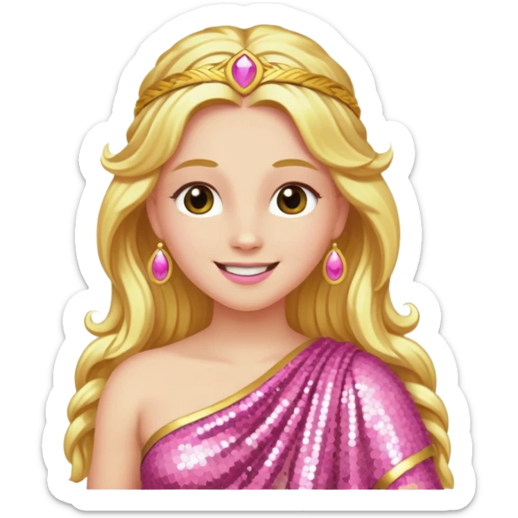 Venus Love Goddess with long golden hair, pink sequin toga sticker