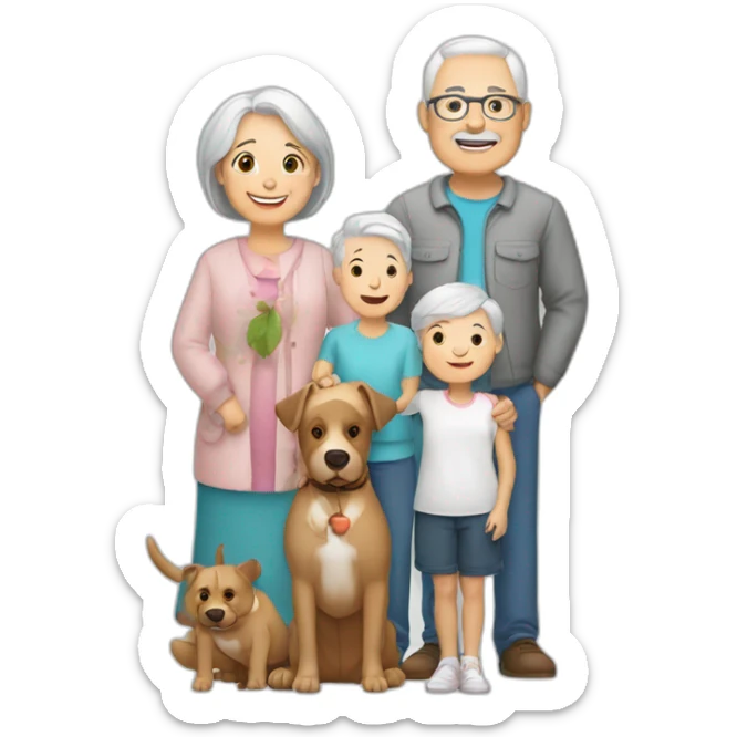 white family of 3 with grandchild and 2 grandparents and dog sticker