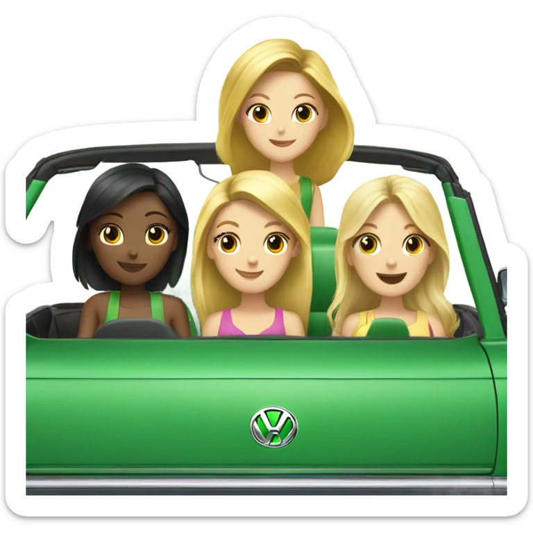 2 blonde and 2 brunette girls in a green convertible volkswagen  sticker