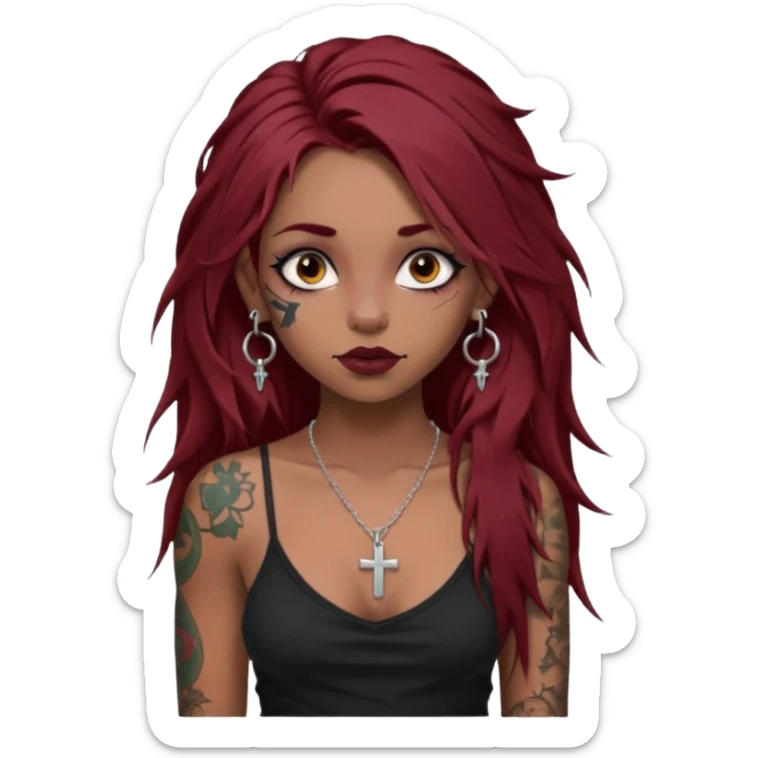 generate an ios genmoji of a dusky girl with long dark red messy hair with eyeliner on her eyes.  septum piercing, wearing a cami black top, has tattoos, on shoulders. ear piercings. wearing a cross silver necklace. carrying a big roll of fabric  sticker