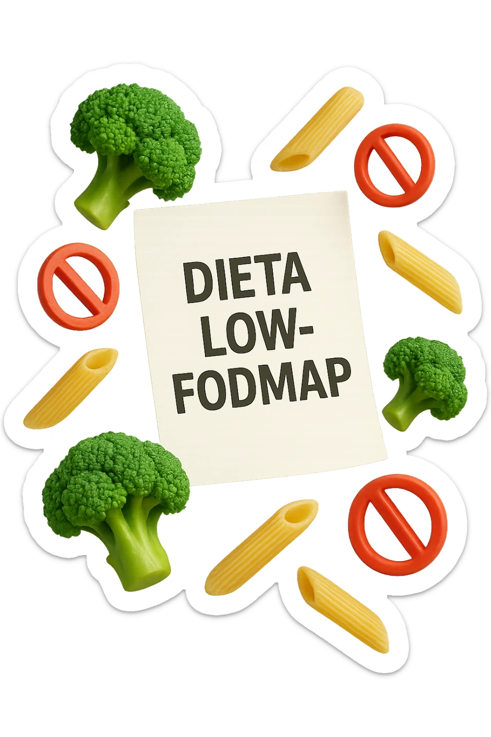 BROCCOLETTI E PENNE DI PASTA RIGATE FLUTTUANO IN ARIA insieme a piccoli divieti 3d, DAVANTI A LORO FLUTTUA UN FOGLIO CON LA SCRITTA "dieta low-fodmap" sticker