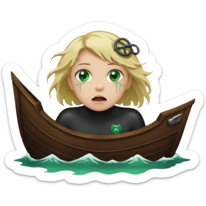 sad depressed weak cs major who is a pretty girl with blond hair and green eyes drowning on ship, very pretty very sad and weak. Near death almost dead drowning. But the pretty girl is like the whole ship and her face is on the helm dark lovecraft evil. sticker