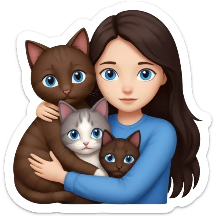 a girl with long dark 
brown hair, with blue eyes, hugs 3 different natural coloured cats sticker