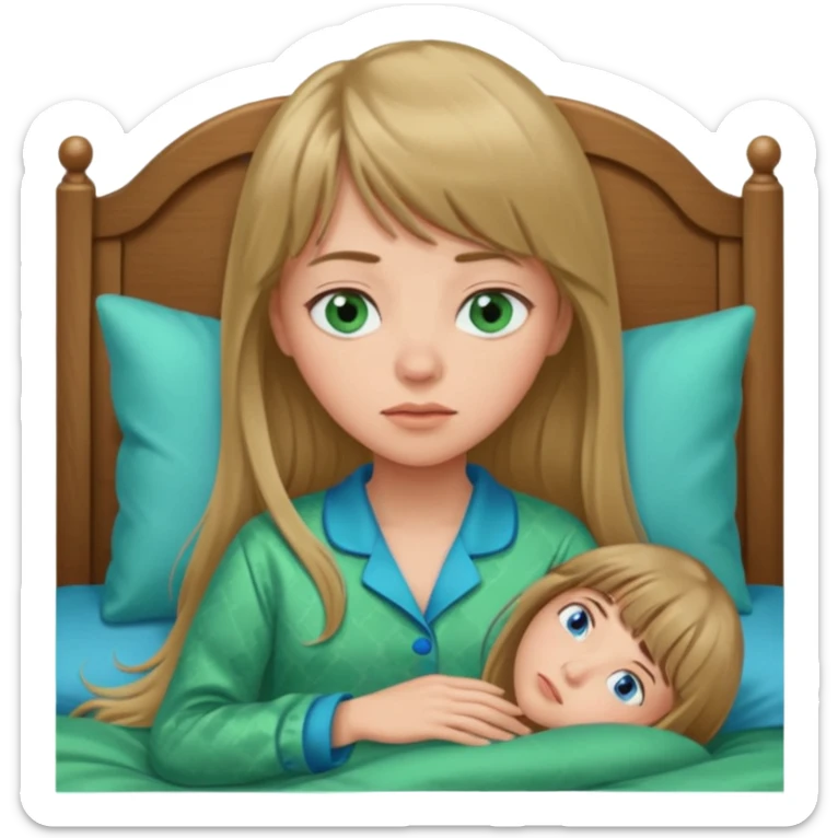 Woman with long dark blond hair and bang, blue eyes sleepy in bed  with green pyjama sticker