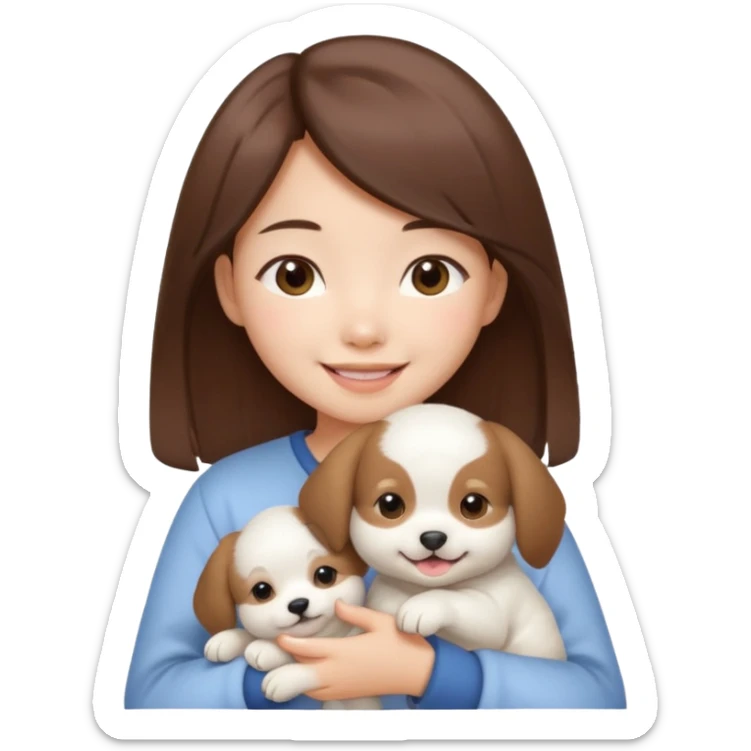 a asian japanese girl with brown hair and no bangs. she is holding a cute white puppy sticker