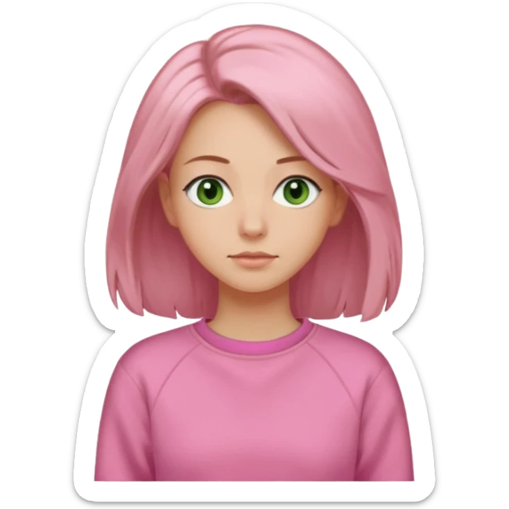  Una donna con una felpa semplice rosa, senza cappuccio,poi i capelli sono lunghi fino alle spalle marroni chiaro,gli occhi sono verdi  sticker