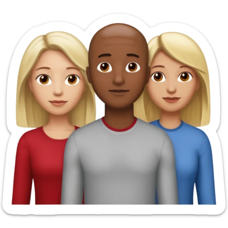 one male medium dark skin tone no hair and one woman light skin tone blonde highlights shoulder length hair and one woman light skin tone deep red long hair three people total sticker