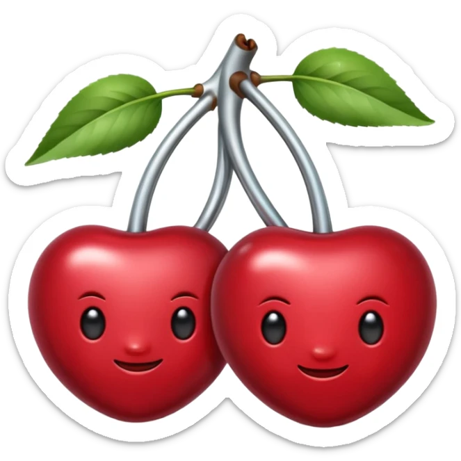 A pair of cherries emoji made of polished silver chrome, smooth rounded shapes, glossy metallic finish, soft highlights and reflections, cute proportions, iOS emoji style, centered, clean white background, no text sticker