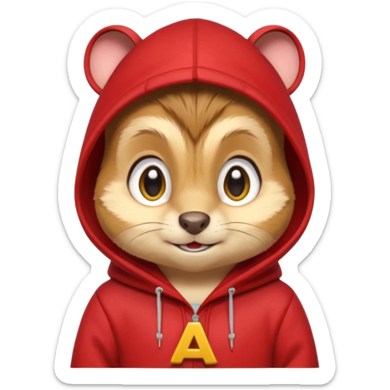 Portrait of a cartoon chipmunk with light brown and beige fur, wearing a red hoodie no zip with a yellow 'A' on it, big round eyes, small nose, and a mischievous grin, front-facing, stylized in animated movie style sticker