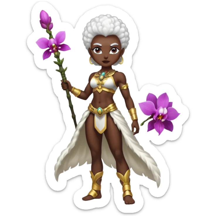 full body dark skin woman white hair afro muscular build orchid warrior spirit sticker