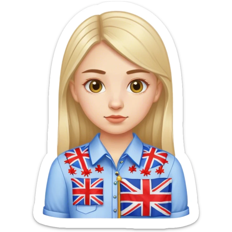 A Ukrainian girl in an embroidered shirt holds a British flag sticker