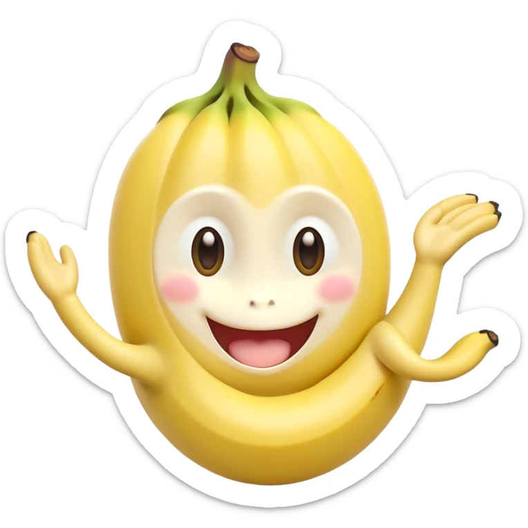 Cute Kawaii Banana, slightly curved, soft pastel yellow, cute giggling face with big round eyes, tiny arms waving happily, a peeled section revealing a smiling expression! sticker
