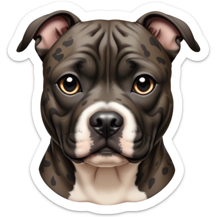 Cinematic Noble Black/Brindle Staffordshire Bull Terrier Portrait Emoji, Poised and regal, with a compact, muscular build and a sleek, well-groomed Fur featuring a striking mix of black and brindle patterns, deep-set soulful dark eyes, Simplified yet sharp and sophisticated features, highly detailed, glowing with a soft, dignified glow, high shine, intelligent and loyal, stylized with an air of strength, focused and attentive, soft glowing outline, capturing the essence of a watchful and confident guardian, so majestic it feels as though it could stride out of the screen with effortless authority! sticker