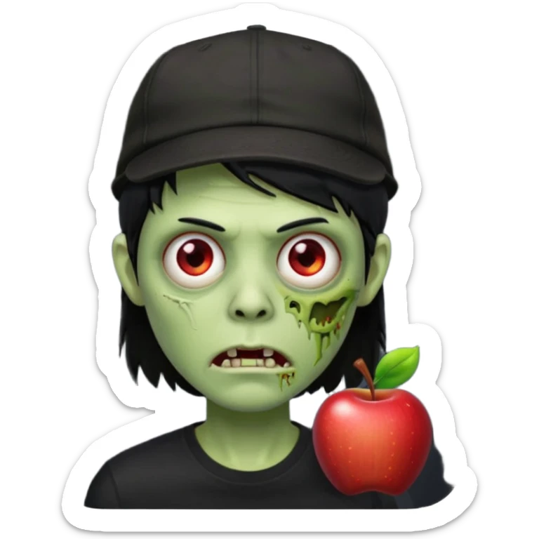 Green zombie, black hair, designer cap turned to the left, black shirt. Apple iOS style. sticker