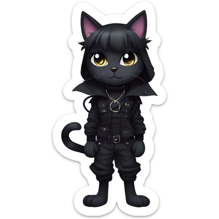 Gorgeous gothic dark techwear anime style anthro black cat furry with blushing face aesthetic and pretty edgy black with collar and harness trending style sticker