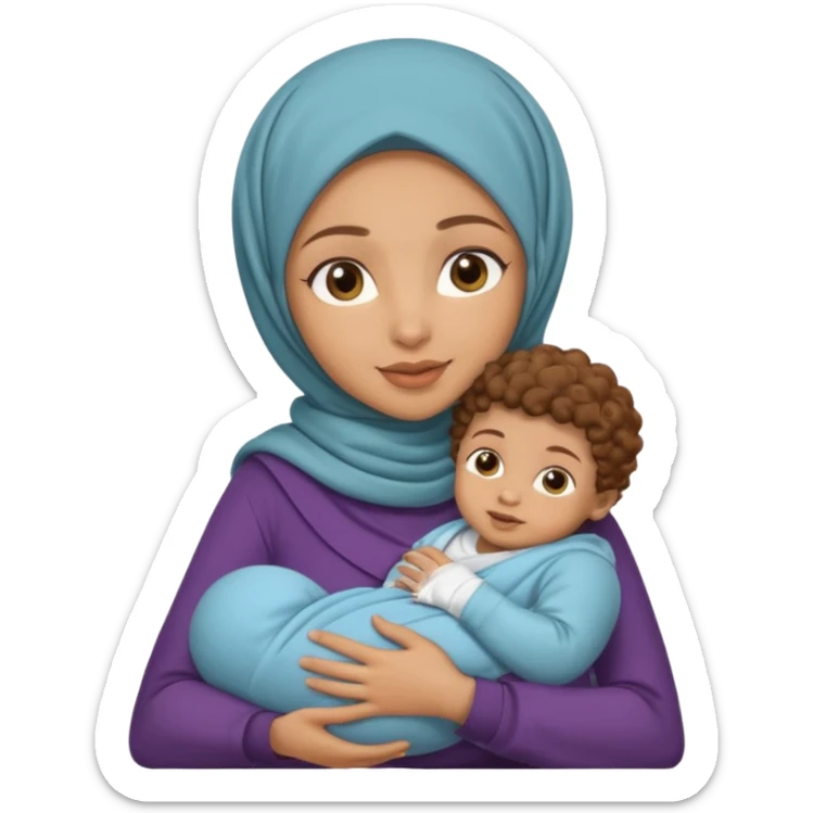Light skin hijabi woman holding a one baby boy brown curls sticker