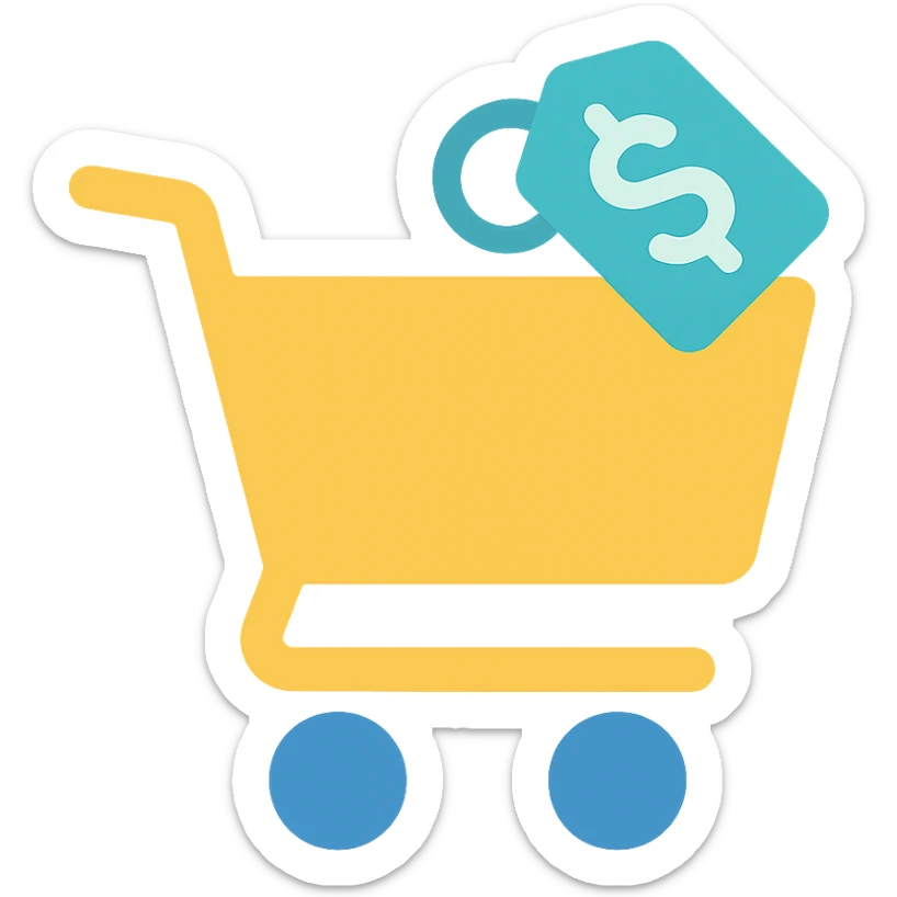 Shopping cart with a price tag, flat emoji style, outline with blue and turquoise colors sticker