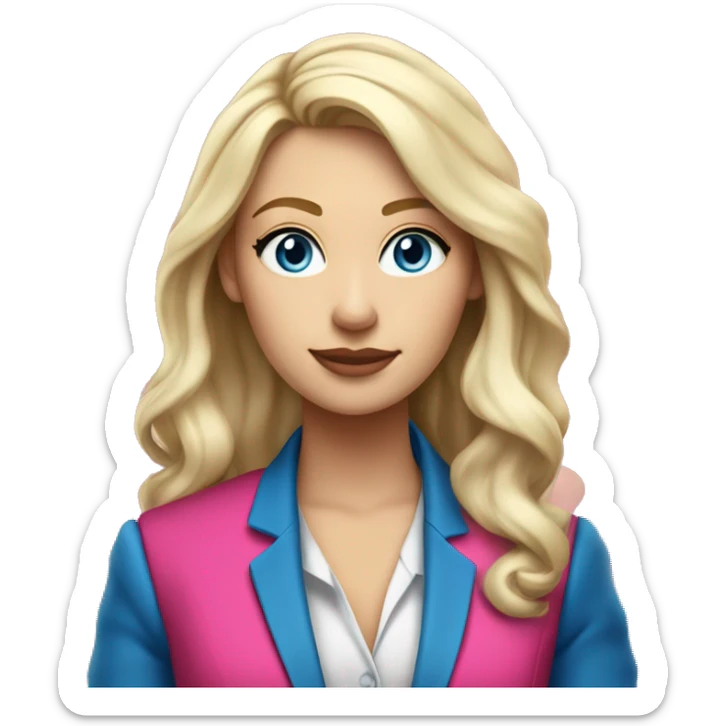 a 25 years old business woman in finance with long curled platinum blonde hair wearing hot pink blazer. she is white and has blue eyes with a pink blazer sticker