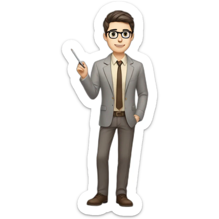 Pale skinned fit man with dark brown hair in gray jacket, beige office shirt, brown tie, brown pants and vintage glasses Writing on the flipchart sticker