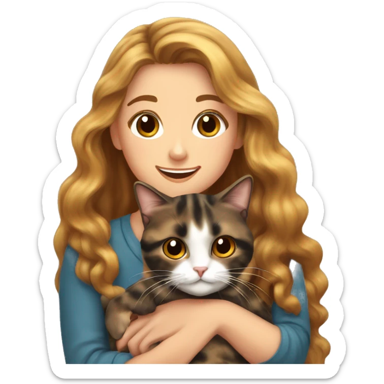 Tortoiseshell cat being held by a white girl with long wavy brown hair  sticker