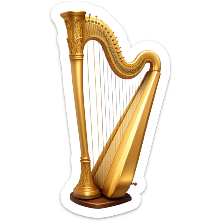 Cinematic Realistic Harp, a grand golden harp with intricately carved details, delicate strings shimmering under soft candlelight, rich wood tones adding warmth, a musician’s gentle fingers plucking a note, glowing with an ethereal and majestic aura. sticker