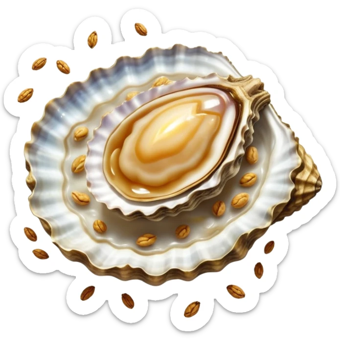 Ethereal oyster, golden walnuts, floating seeds, and a shining cut of lean meat spiraling around a small shield of light. Soft rays extend from the shield towards an illuminated body showing active cellular repair and regeneration. Foods emit a subtle glow as they orbit the protective shield. sticker