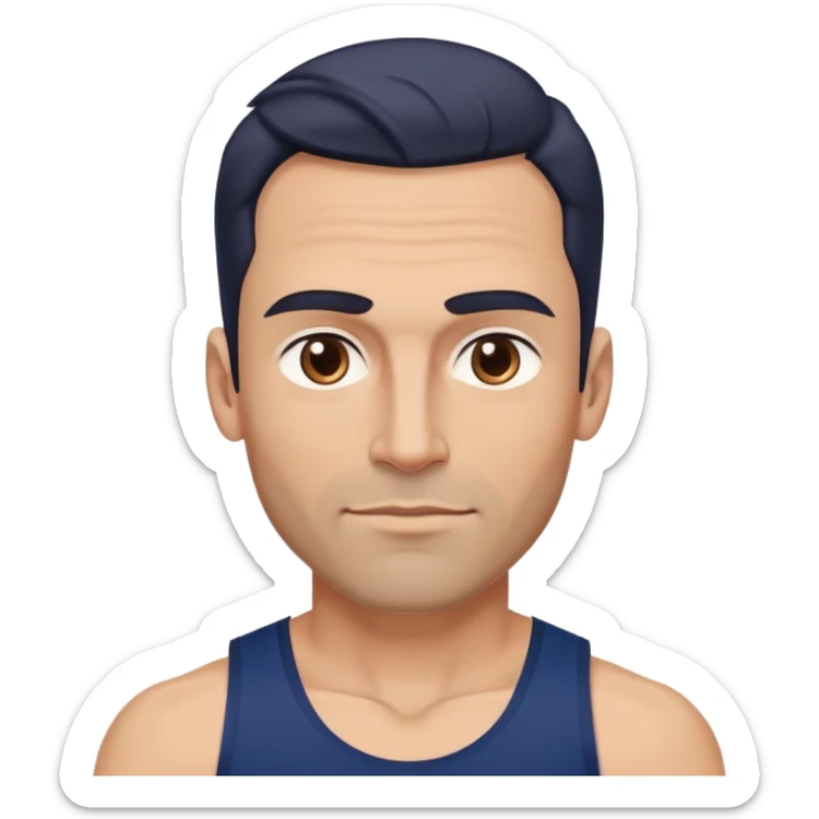 Youthful-looking athletic 40-year-old man with light brown skin, elongated face, defined jawline, attractive features, medium dark eyes, arched eyebrows, straight nose, confident expression, medium wavy dark hair with modern style, wearing a navy blue tank top sticker