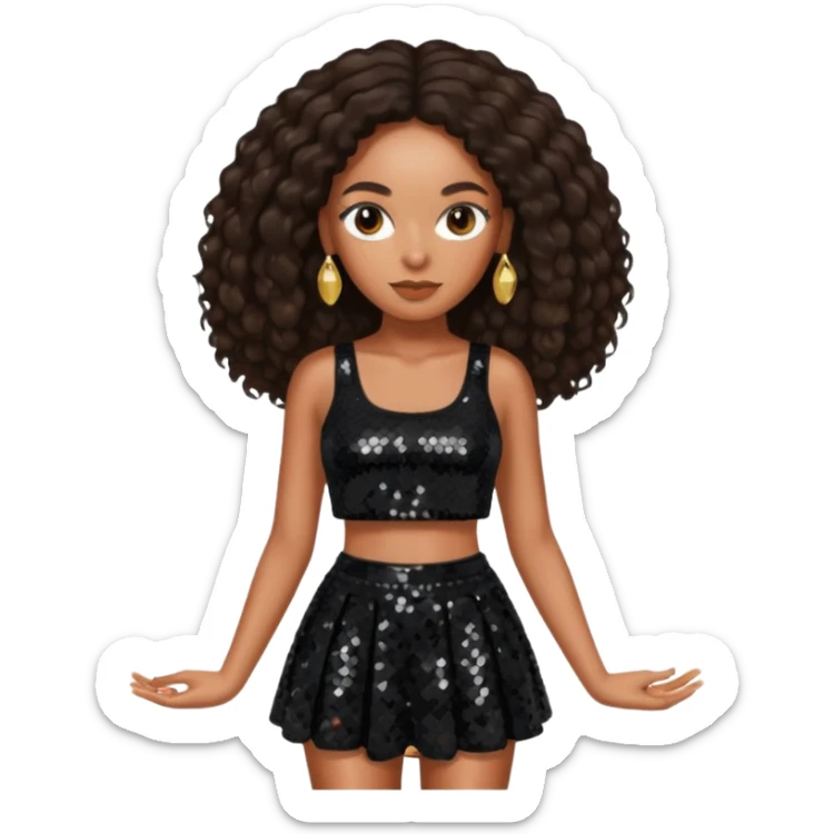 Solange with dark brown long hair, black sequin crop top and skirt sticker