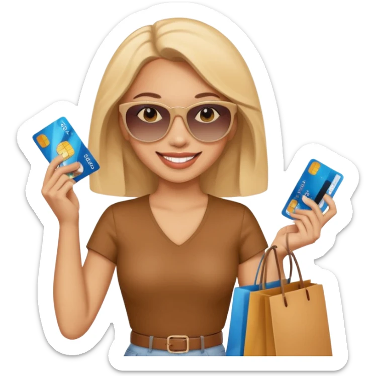 light skin woman with sunglasses, holding a credit card and shopping bags sticker