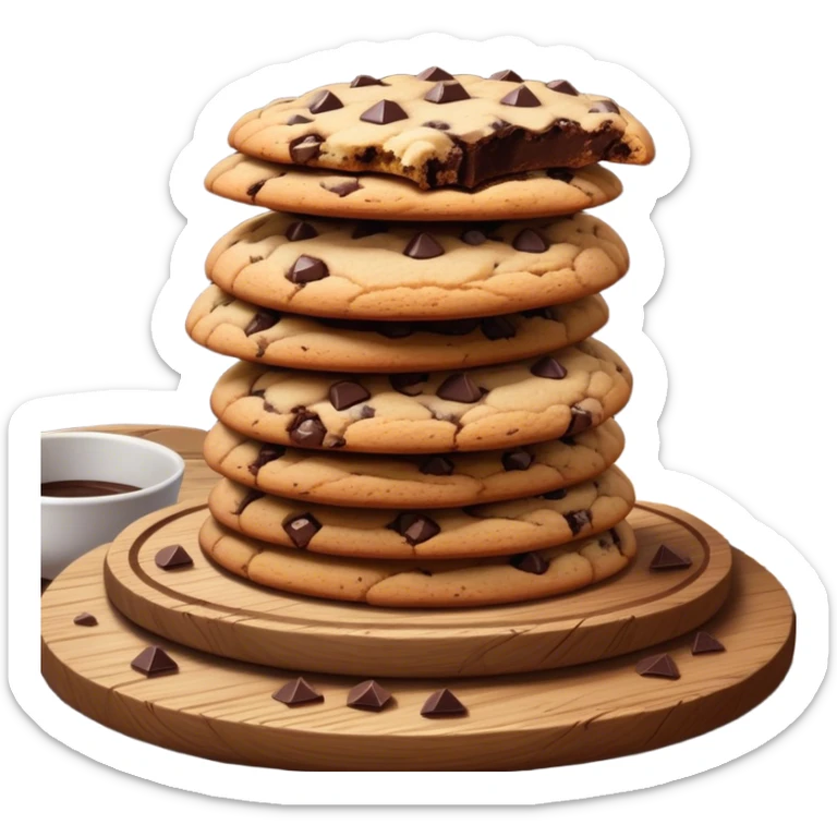 Cinematic crunchy chocolate chip cookies, freshly baked, golden-brown with gooey melted chocolate chunks, stacked on a rustic wooden plate, soft warm lighting, cozy and delicious. sticker