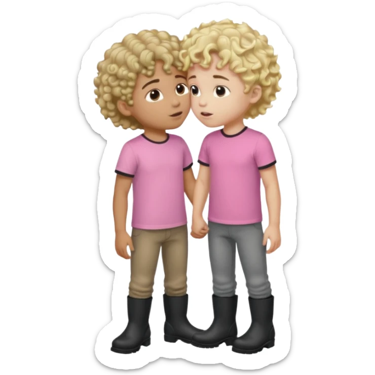 Two boys, one wearing all pink with curly brown hair and one blonde wearing a gray t shirt and black boots, they are kissing  sticker