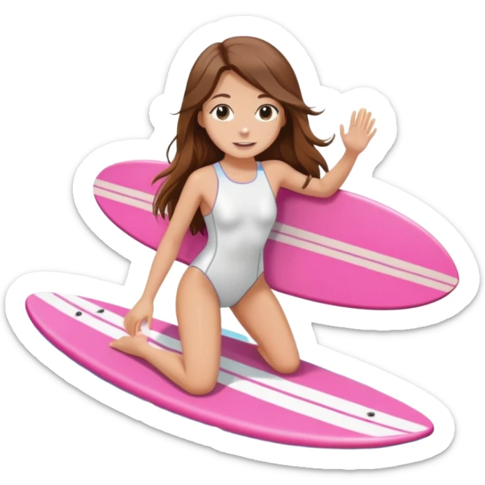 Girl with long brown hair surfing at pink short board in the white swimsuit  sticker