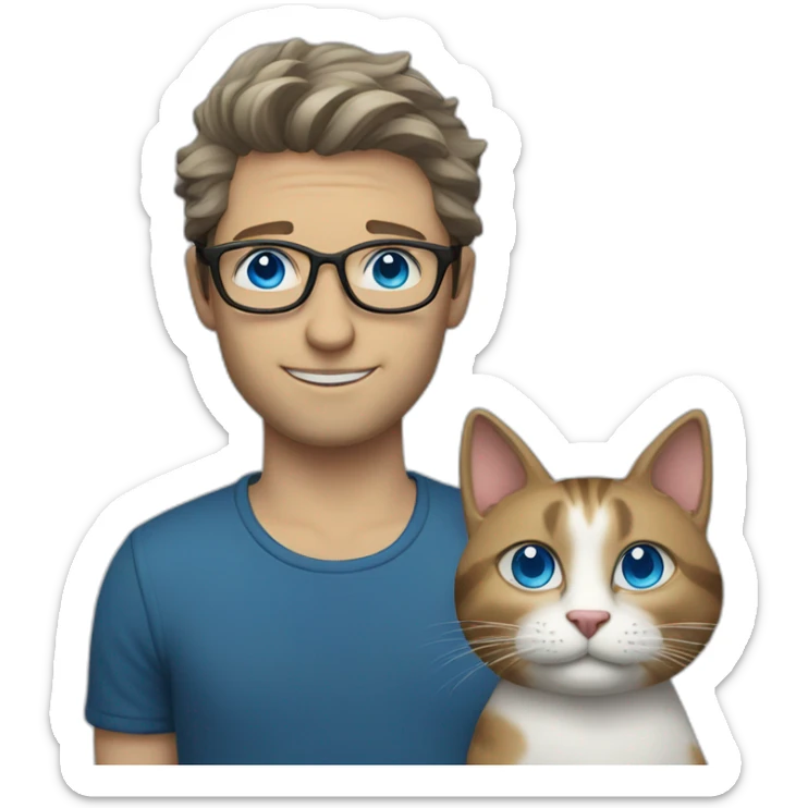  a man in round glasses with blue eyes, long hair, a cat in his arms sticker