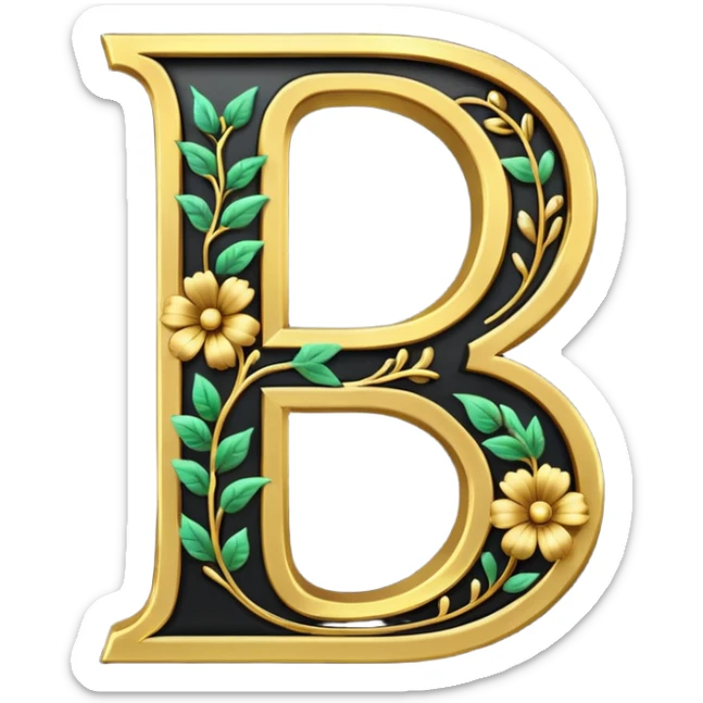Shiny nlack letter B outlined with hold and a gold flowervine around the left side sticker