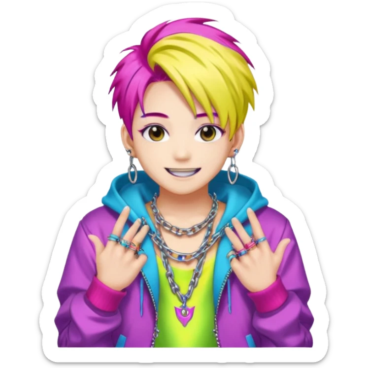  portrait-of-young-monster-idol-in-kpop-style,-wearing-flashy-streetwear-outfit,-colorful-dyed-hair,-confident-pose,-accessorized-with-chains- sticker